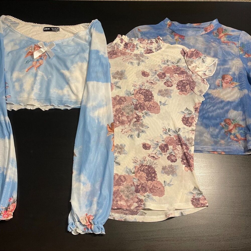 Mesh Top Bundle of 3 – Baby Angel / Floral Designs – Size Small – Blue & White